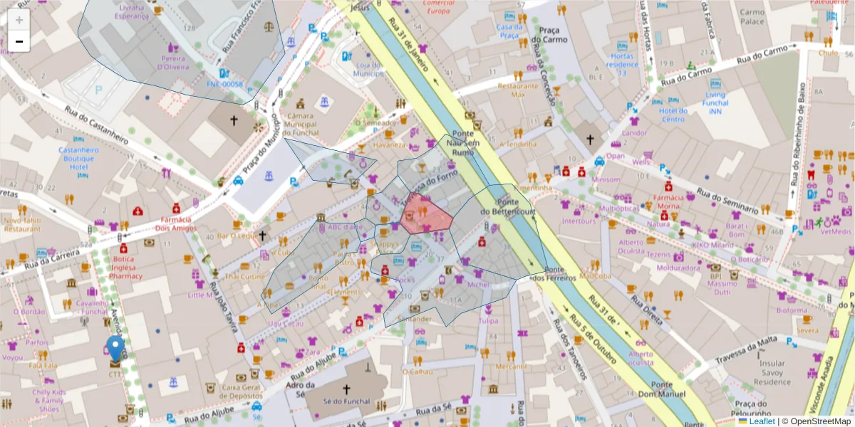 Mapa detalhado do código postal 9000-078 com limites, códigos postais vizinhos e agências dos correios