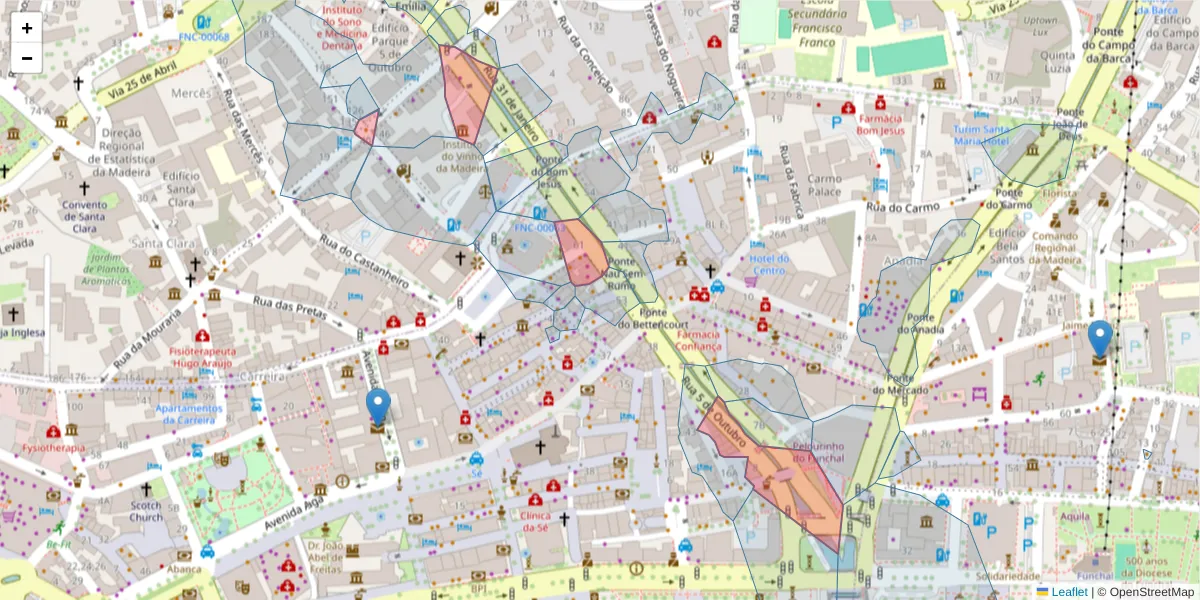 Mapa detalhado do código postal 9000-079 com limites, códigos postais vizinhos e agências dos correios