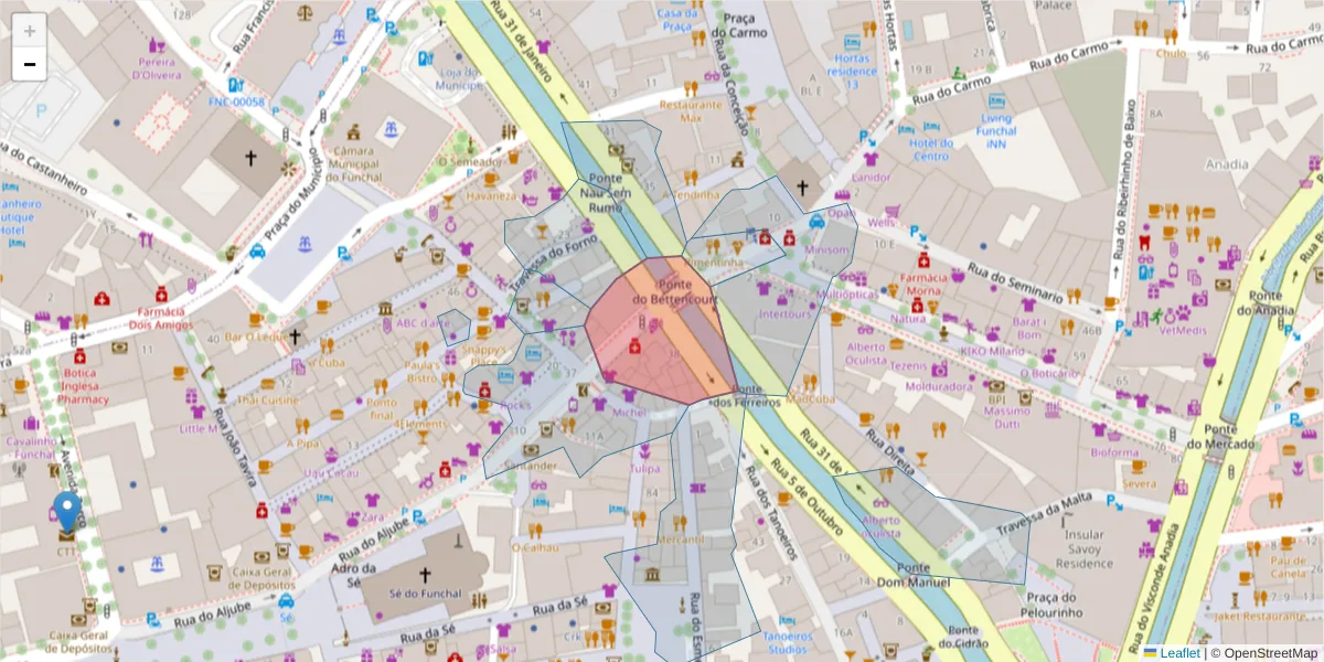 Mapa detalhado do código postal 9000-080 com limites, códigos postais vizinhos e agências dos correios