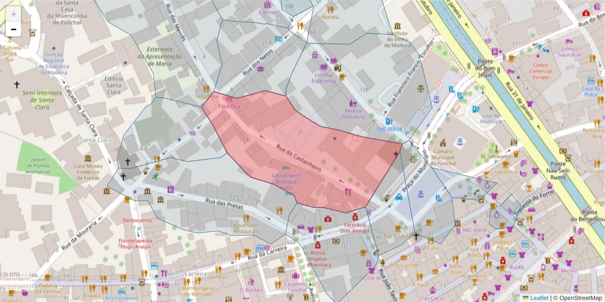 Mapa detalhado do código postal 9000-081 com limites, códigos postais vizinhos e agências dos correios