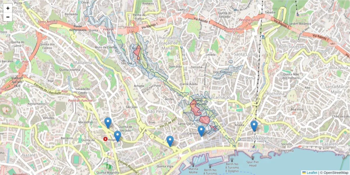 Mapa detalhado do código postal 9000-082 com limites, códigos postais vizinhos e agências dos correios