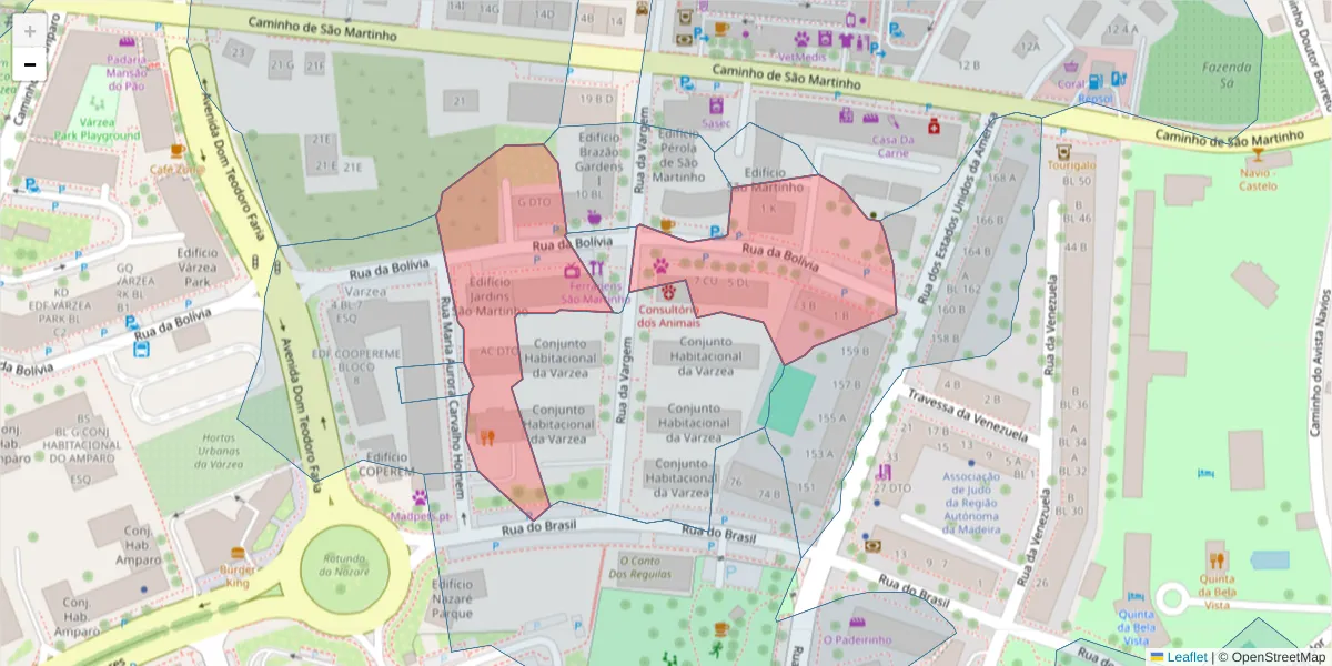Mapa detalhado do código postal 9000-087 com limites, códigos postais vizinhos e agências dos correios