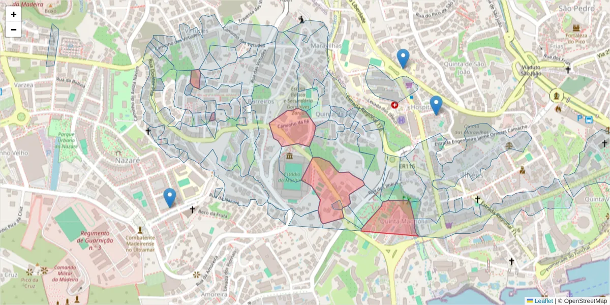 Mapa detalhado do código postal 9000-089 com limites, códigos postais vizinhos e agências dos correios