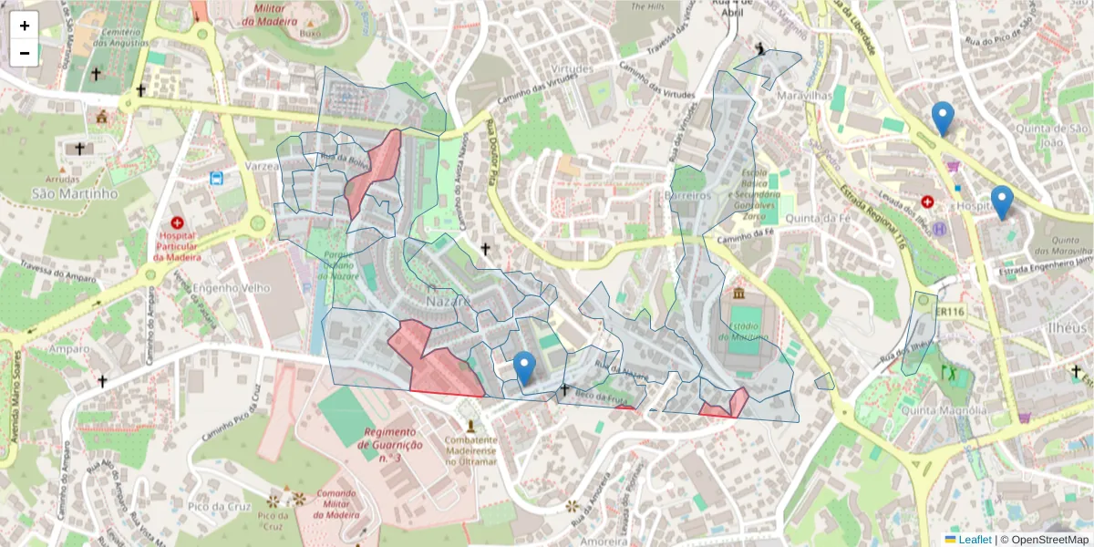 Mapa detalhado do código postal 9000-090 com limites, códigos postais vizinhos e agências dos correios