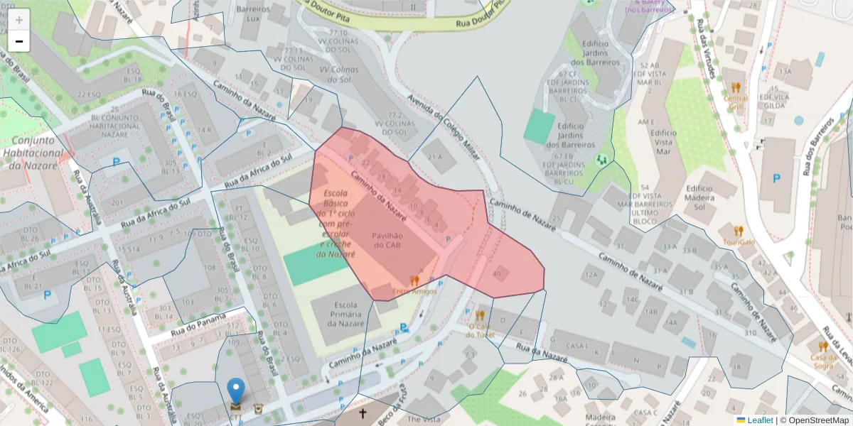 Mapa detalhado do código postal 9000-093 com limites, códigos postais vizinhos e agências dos correios