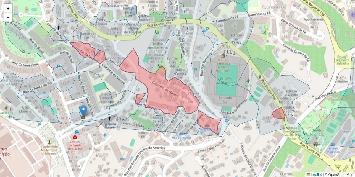 Mapa detalhado do código postal 9000-095 com limites, códigos postais vizinhos e agências dos correios
