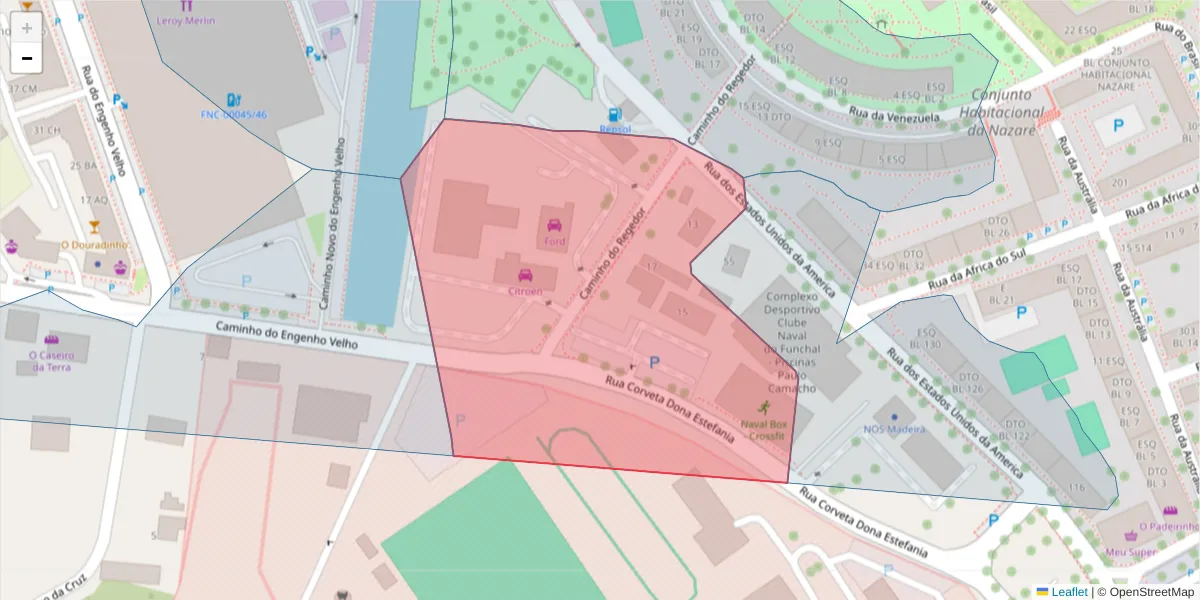 Mapa detalhado do código postal 9000-096 com limites, códigos postais vizinhos e agências dos correios