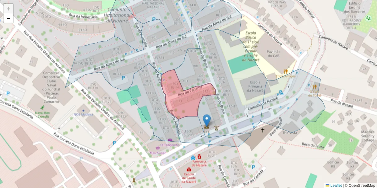 Mapa detalhado do código postal 9000-126 com limites, códigos postais vizinhos e agências dos correios