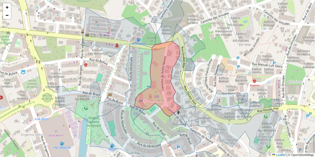 Mapa detalhado do código postal 9000-129 com limites, códigos postais vizinhos e agências dos correios