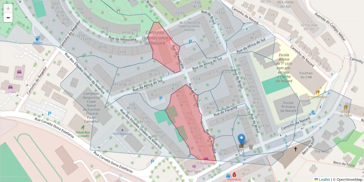 Mapa detalhado do código postal 9000-133 com limites, códigos postais vizinhos e agências dos correios