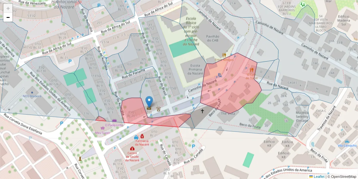 Mapa detalhado do código postal 9000-135 com limites, códigos postais vizinhos e agências dos correios