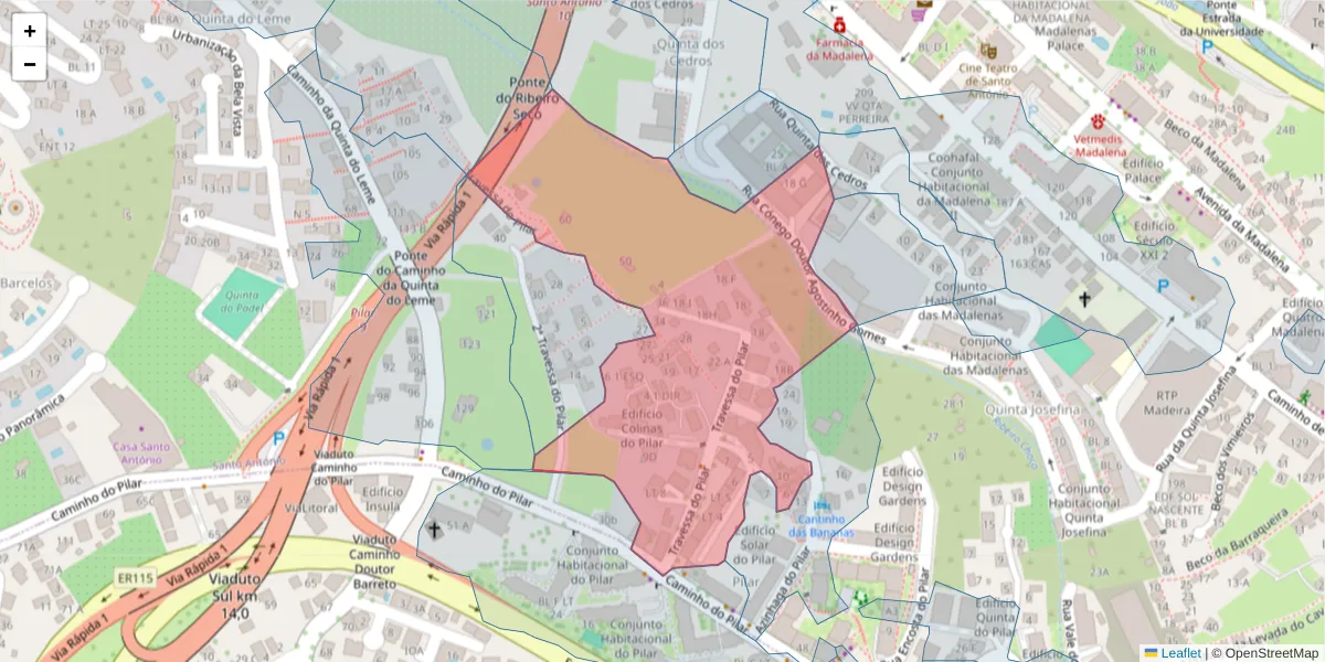 Mapa detalhado do código postal 9000-150 com limites, códigos postais vizinhos e agências dos correios