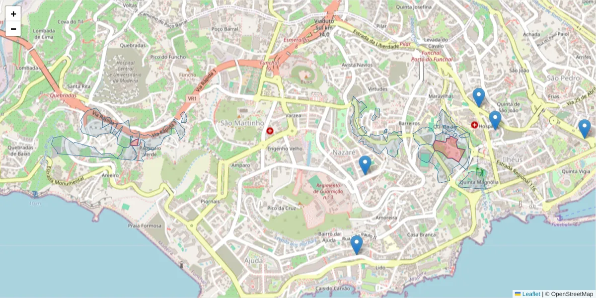 Mapa detalhado do código postal 9000-166 com limites, códigos postais vizinhos e agências dos correios
