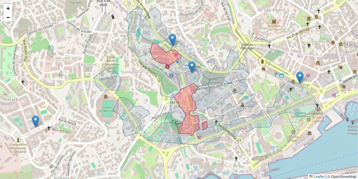 Mapa detalhado do código postal 9000-168 com limites, códigos postais vizinhos e agências dos correios