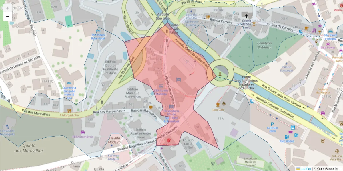 Mapa detalhado do código postal 9000-171 com limites, códigos postais vizinhos e agências dos correios