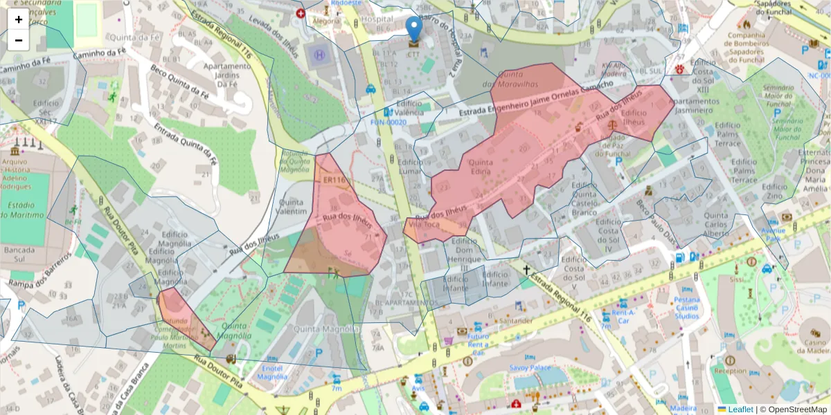 Mapa detalhado do código postal 9000-176 com limites, códigos postais vizinhos e agências dos correios