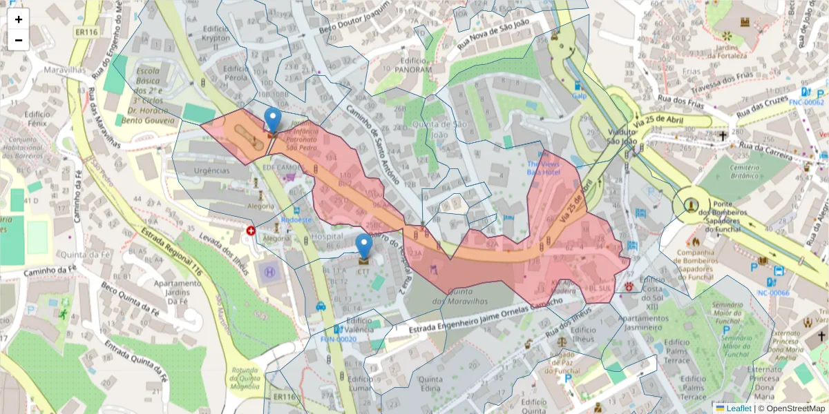 Mapa detalhado do código postal 9000-177 com limites, códigos postais vizinhos e agências dos correios