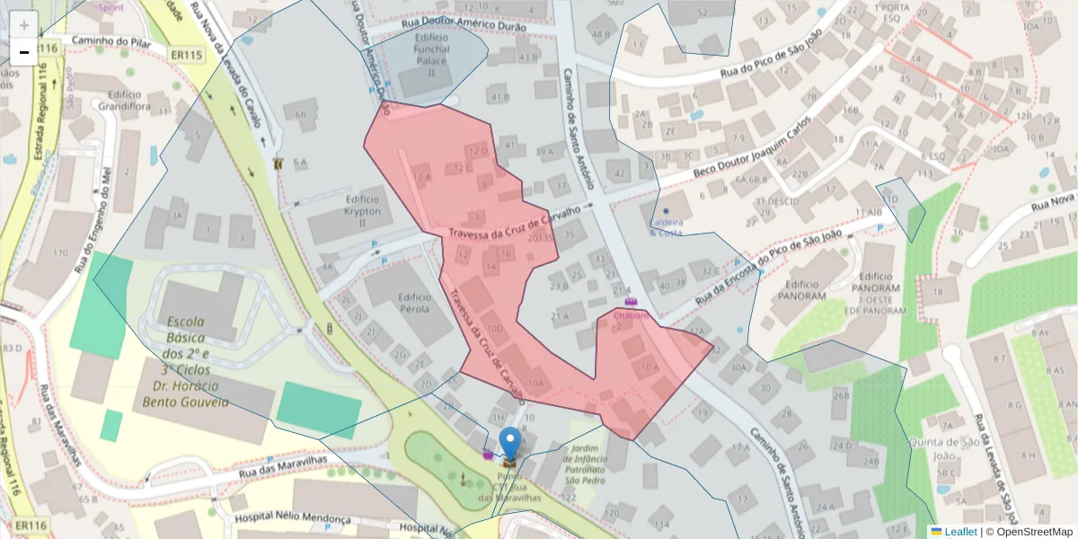 Mapa detalhado do código postal 9000-183 com limites, códigos postais vizinhos e agências dos correios