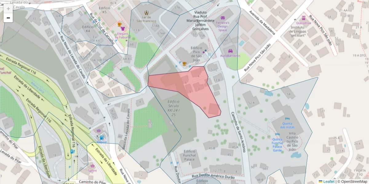Mapa detalhado do código postal 9000-184 com limites, códigos postais vizinhos e agências dos correios