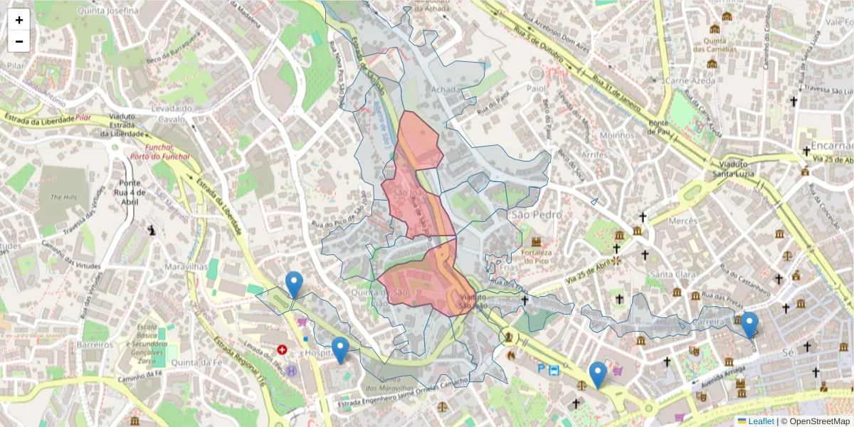 Mapa detalhado do código postal 9000-190 com limites, códigos postais vizinhos e agências dos correios
