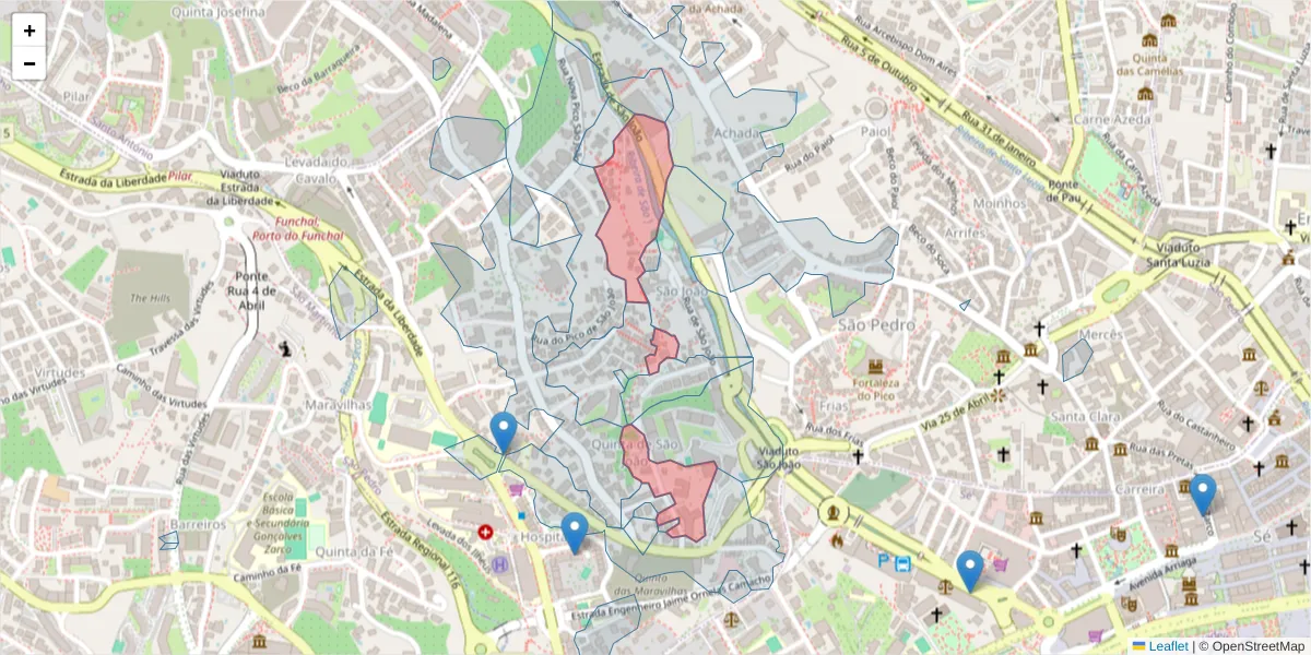 Mapa detalhado do código postal 9000-191 com limites, códigos postais vizinhos e agências dos correios