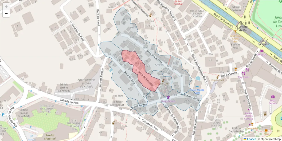 Mapa detalhado do código postal 9000-199 com limites, códigos postais vizinhos e agências dos correios