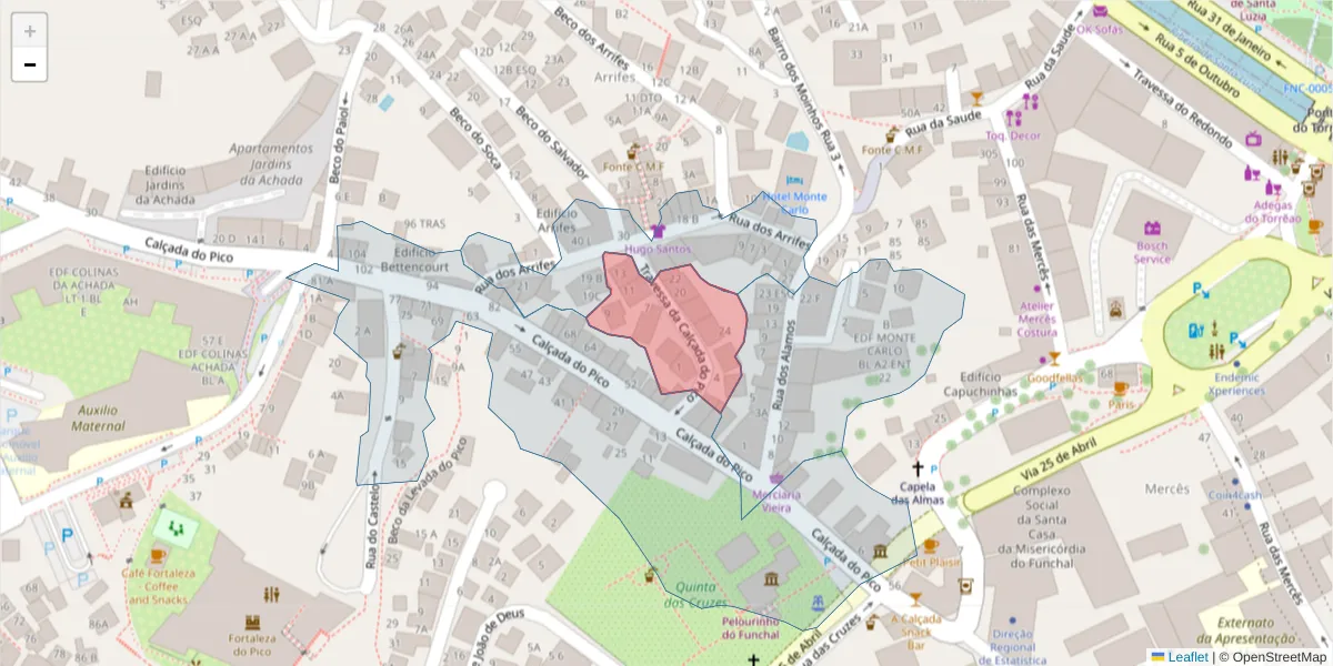 Mapa detalhado do código postal 9000-205 com limites, códigos postais vizinhos e agências dos correios