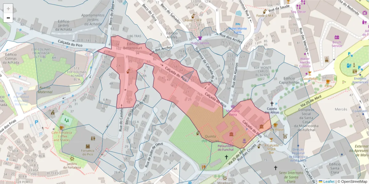 Mapa detalhado do código postal 9000-206 com limites, códigos postais vizinhos e agências dos correios