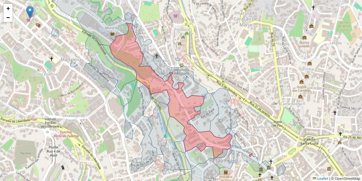 Mapa detalhado do código postal 9000-208 com limites, códigos postais vizinhos e agências dos correios