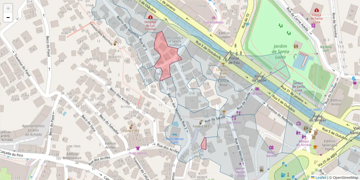 Mapa detalhado do código postal 9000-222 com limites, códigos postais vizinhos e agências dos correios