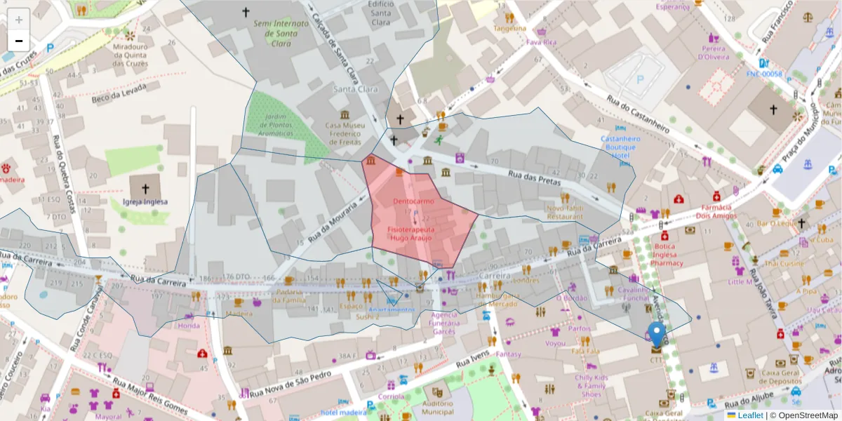 Mapa detalhado do código postal 9000-223 com limites, códigos postais vizinhos e agências dos correios