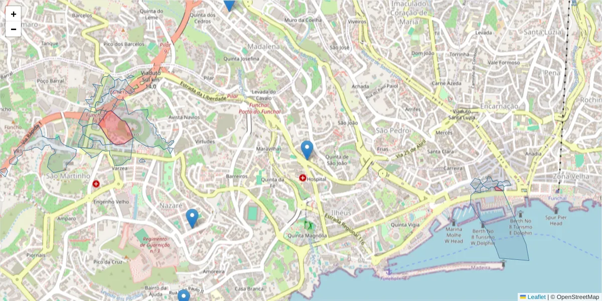 Mapa detalhado do código postal 9000-265 com limites, códigos postais vizinhos e agências dos correios