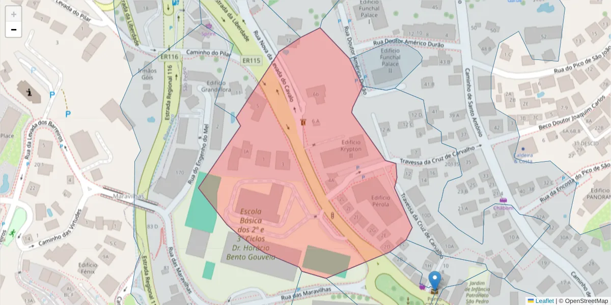 Mapa detalhado do código postal 9000-500 com limites, códigos postais vizinhos e agências dos correios