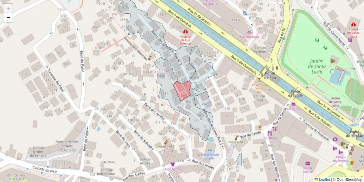 Mapa detalhado do código postal 9000-621 com limites, códigos postais vizinhos e agências dos correios