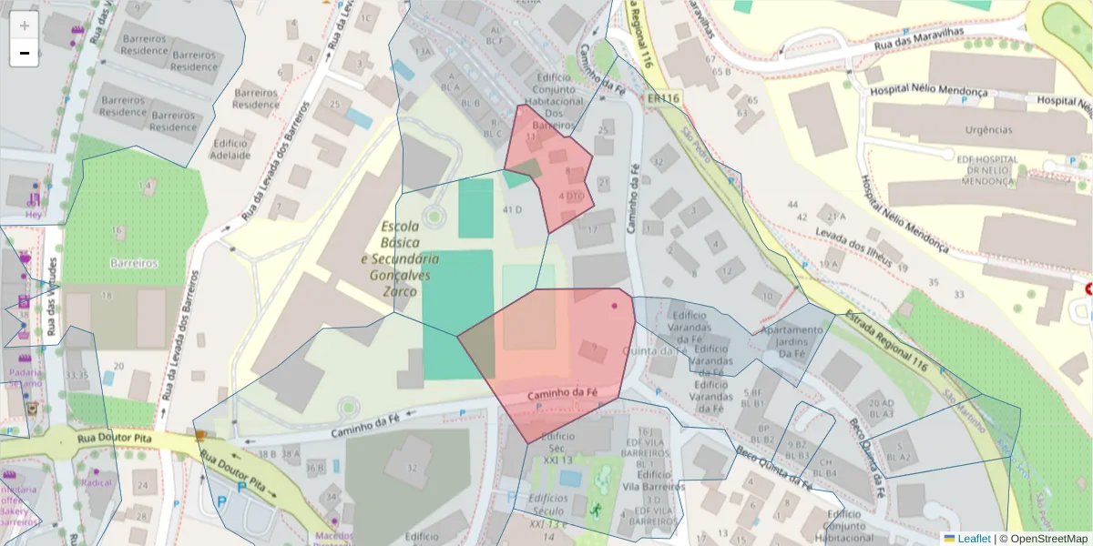 Mapa detalhado do código postal 9000-623 com limites, códigos postais vizinhos e agências dos correios