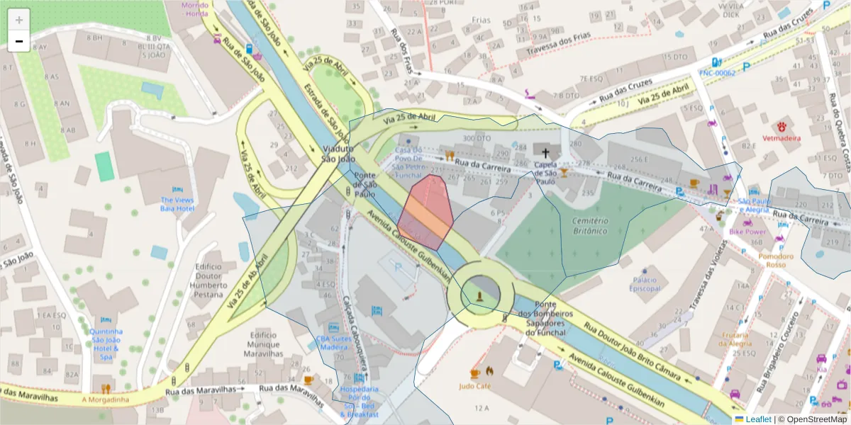 Mapa detalhado do código postal 9000-646 com limites, códigos postais vizinhos e agências dos correios