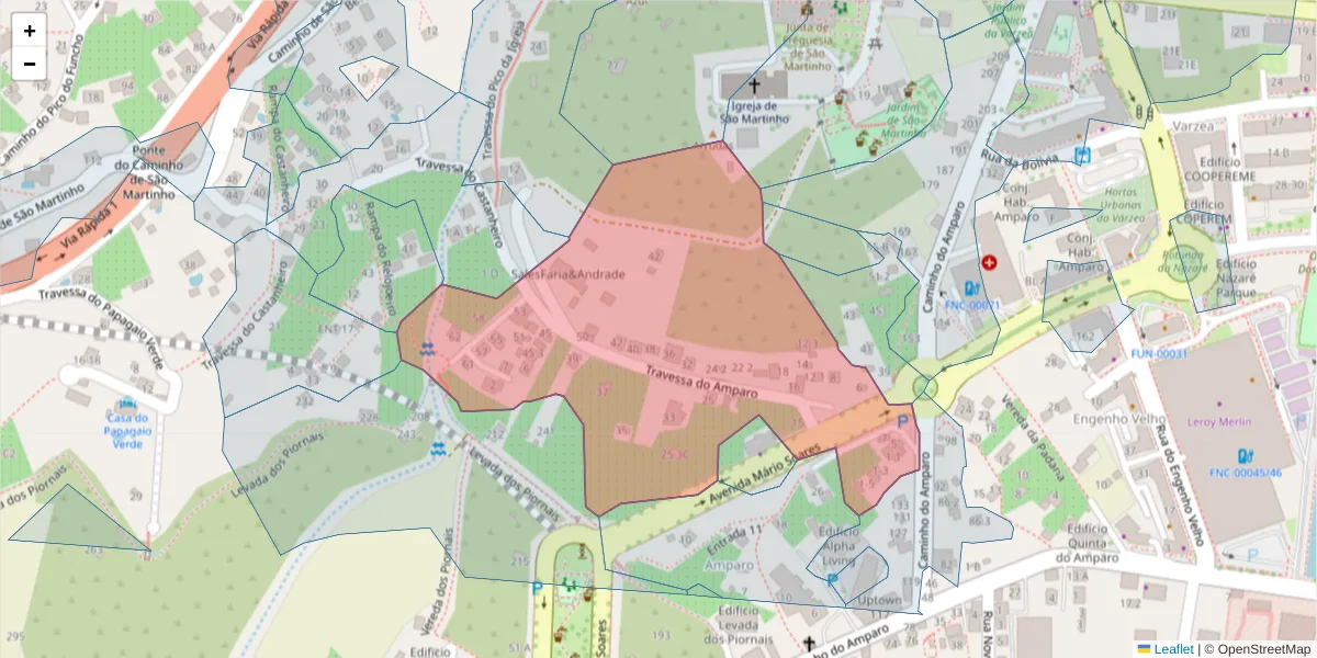 Mapa detalhado do código postal 9000-647 com limites, códigos postais vizinhos e agências dos correios