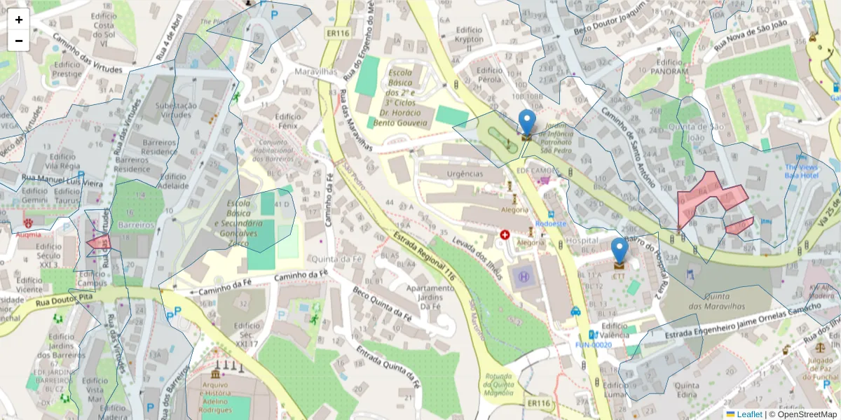 Mapa detalhado do código postal 9000-654 com limites, códigos postais vizinhos e agências dos correios