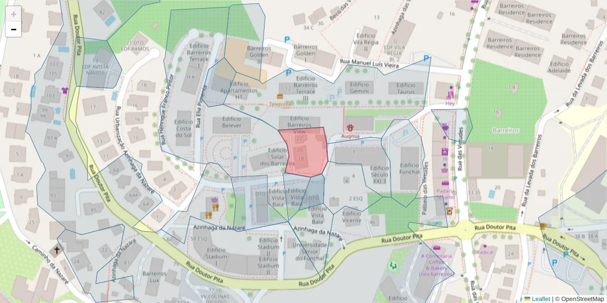 Mapa detalhado do código postal 9000-712 com limites, códigos postais vizinhos e agências dos correios