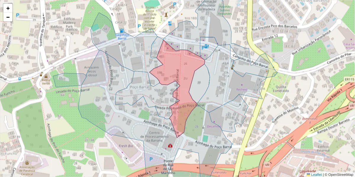 Mapa detalhado do código postal 9000-725 com limites, códigos postais vizinhos e agências dos correios