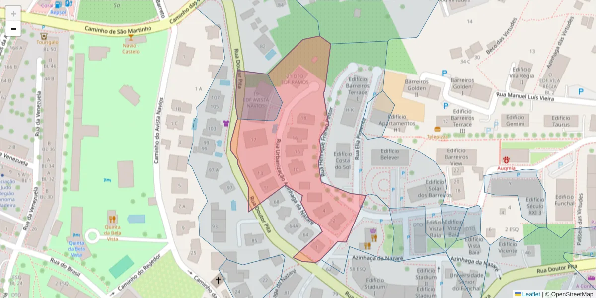 Mapa detalhado do código postal 9000-739 com limites, códigos postais vizinhos e agências dos correios