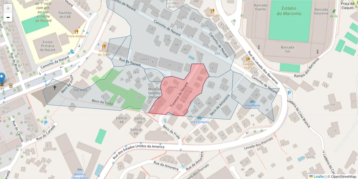 Mapa detalhado do código postal 9000-748 com limites, códigos postais vizinhos e agências dos correios