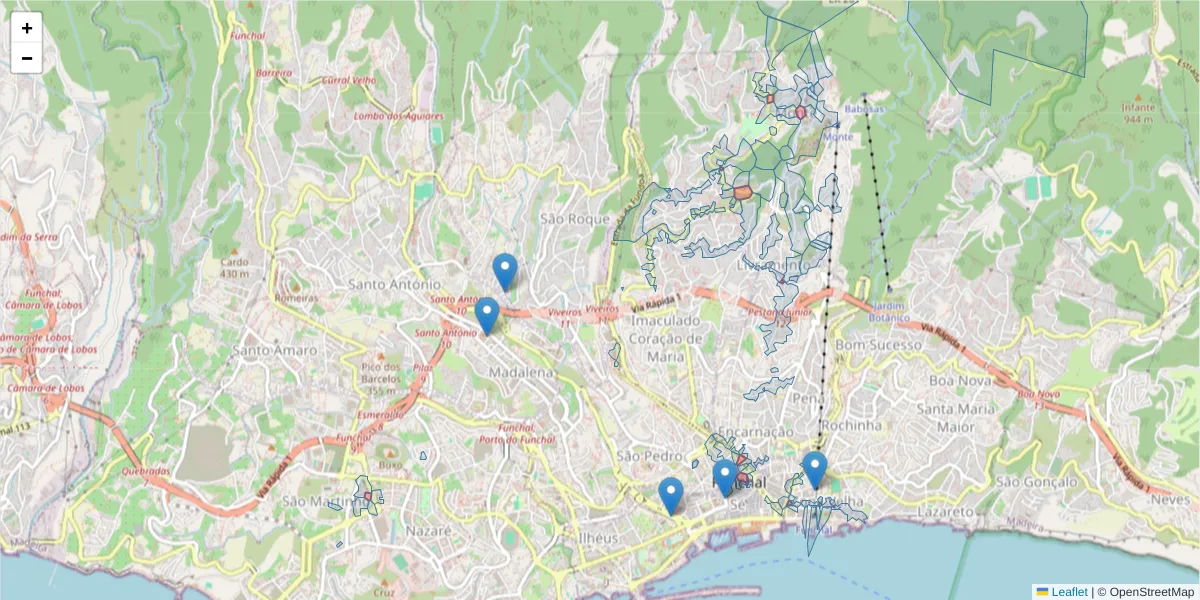 Mapa detalhado do código postal 9000 com limites, códigos postais vizinhos e agências dos correios