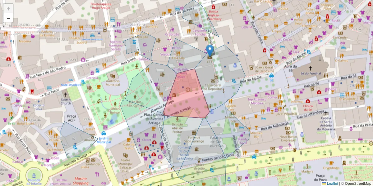 Mapa detalhado do código postal 9004-519 com limites, códigos postais vizinhos e agências dos correios