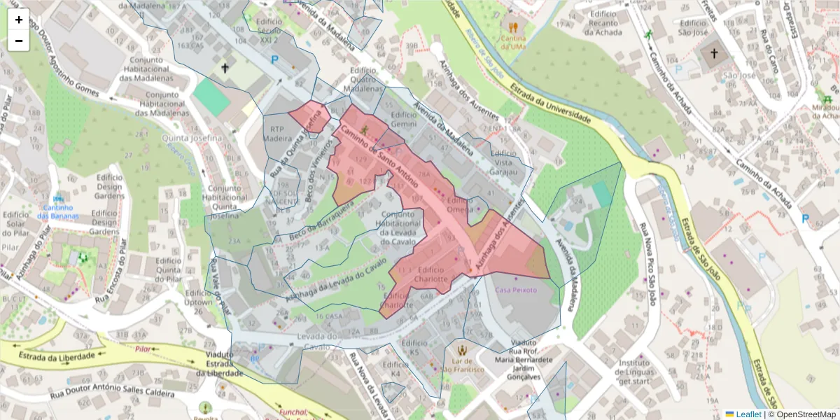 Mapa detalhado do código postal 9020-001 com limites, códigos postais vizinhos e agências dos correios