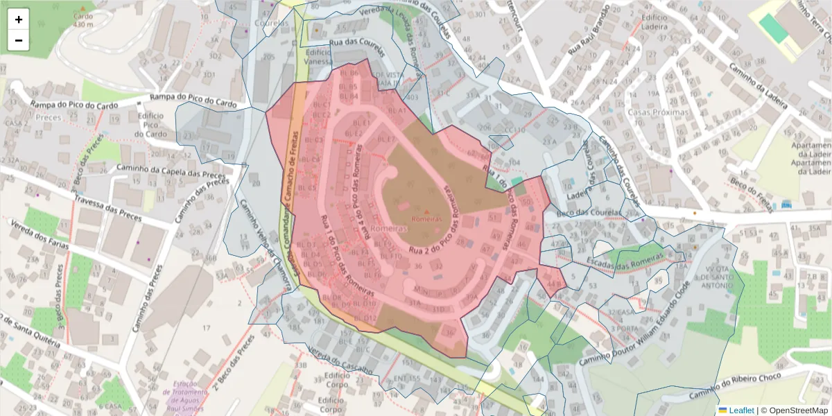 Mapa detalhado do código postal 9020-004 com limites, códigos postais vizinhos e agências dos correios