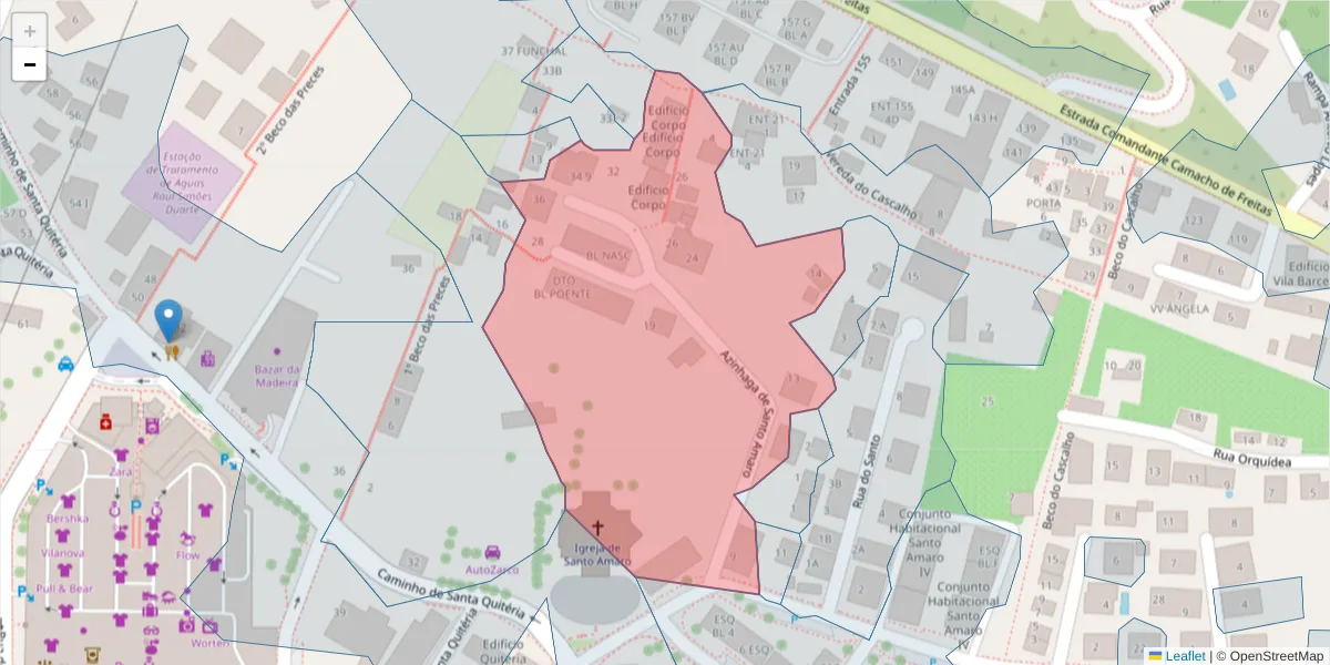 Mapa detalhado do código postal 9020-015 com limites, códigos postais vizinhos e agências dos correios