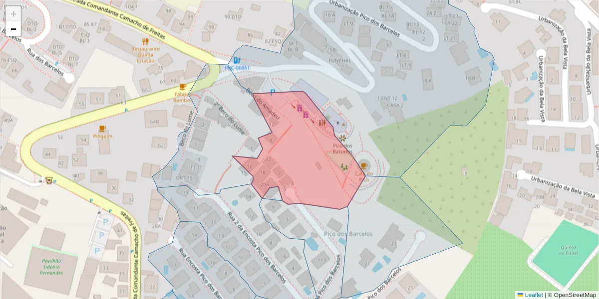 Mapa detalhado do código postal 9020-022 com limites, códigos postais vizinhos e agências dos correios