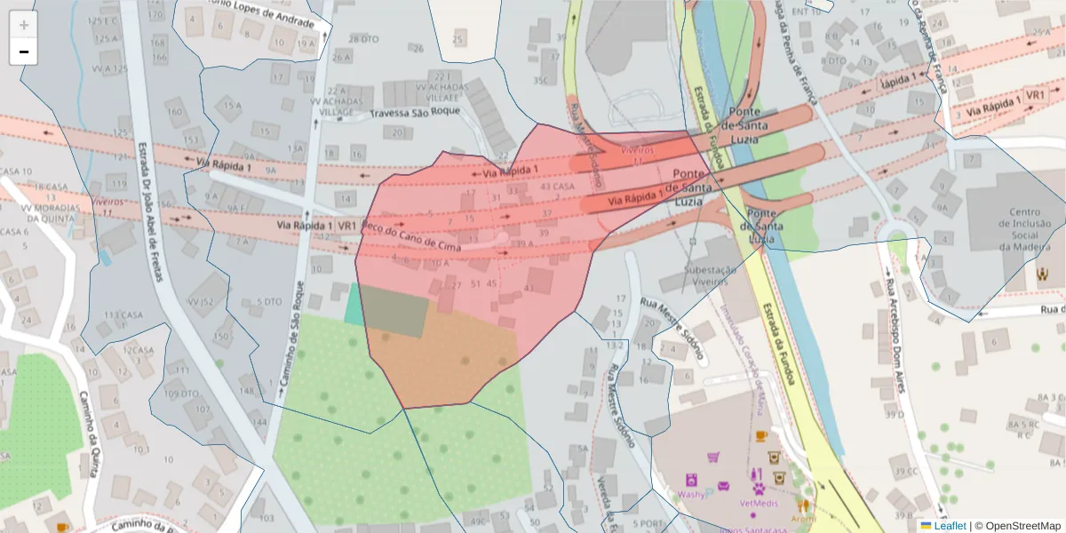 Mapa detalhado do código postal 9020-027 com limites, códigos postais vizinhos e agências dos correios