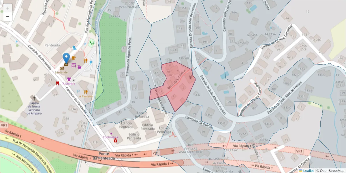 Mapa detalhado do código postal 9020-034 com limites, códigos postais vizinhos e agências dos correios